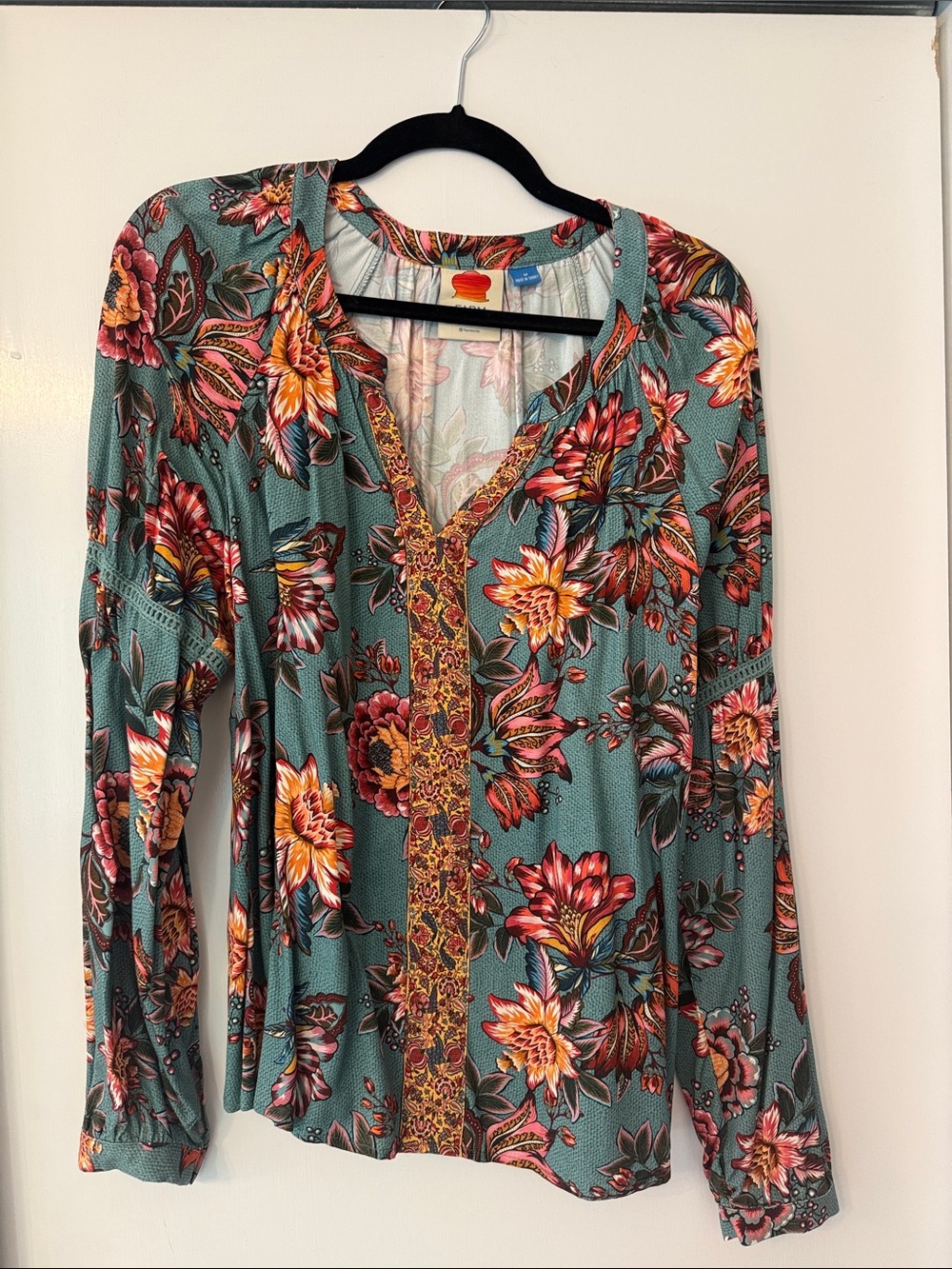 FARM Rio Teal Floral V-Neck Blouse with Pink and Yellow Accents